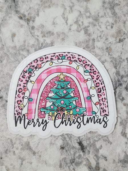 Merry Christmas with pink rainbow and Christmas tree Die cut sticker 3-5 Business Day TAT.