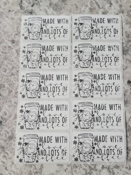 Made with love and lots of coffee Christmas Thermal sticker 50 OR 100 count