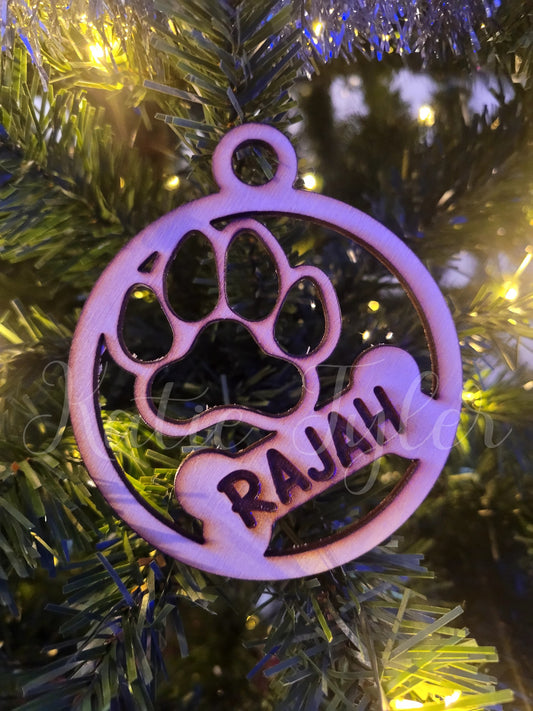 Dog paw with bone custom name wood Christmas Ornament