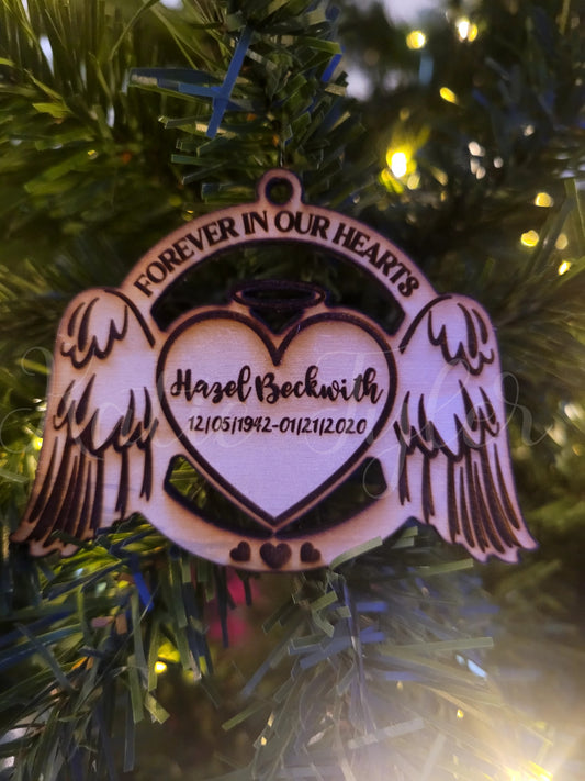 Forever in our hearts heart with wings custom name wood Ornament