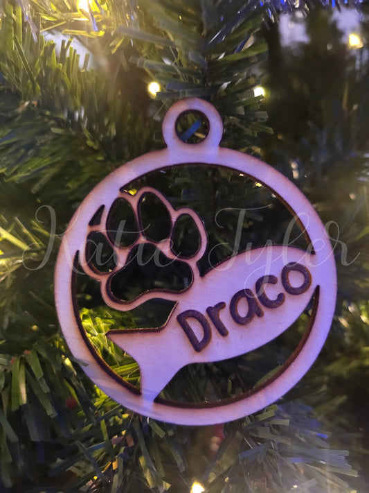 Cat paw with fish custom name wood Christmas Ornament