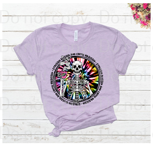 Tye dye skeleton coffee obsessed *DREAM TRANSFER* DTF