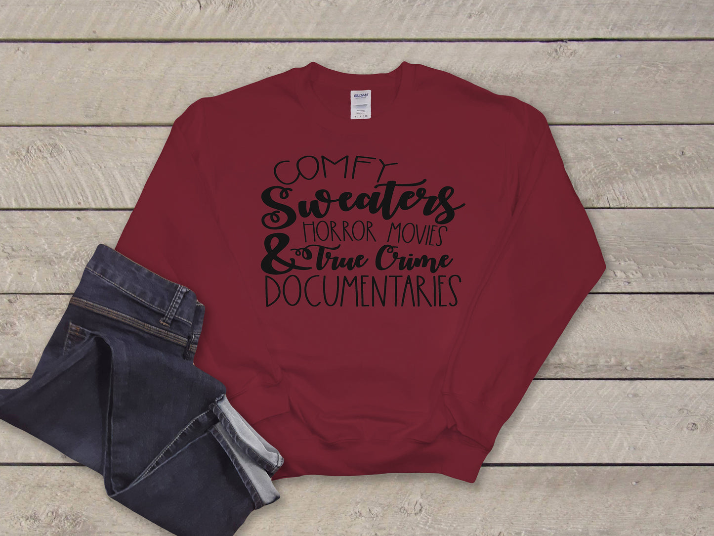 Comfy sweaters horror movies crime documentaries