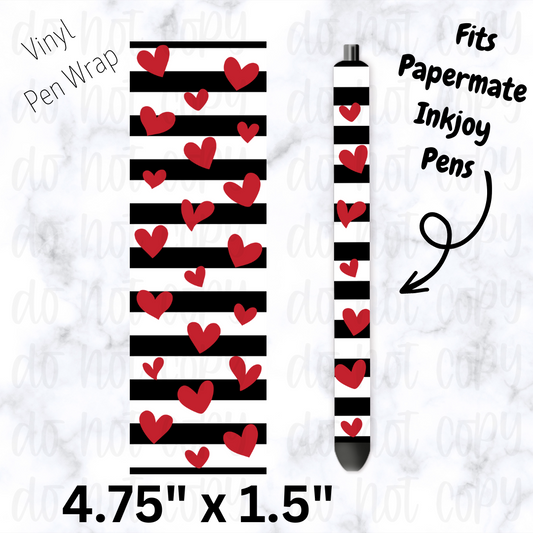 Black and white stripes with red hearts Valentine's Day pen wrap