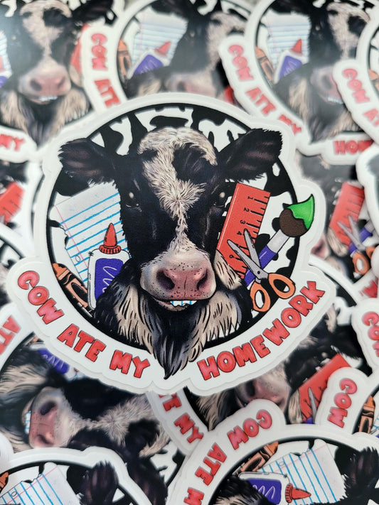 Cow ate my homework boy Die cut sticker 3-5 Business Day TAT