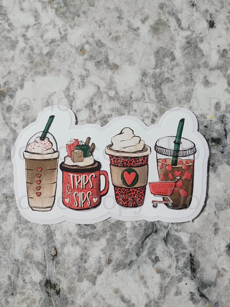 Sips and trips coffee cups Die cut sticker 3-5 Business Day TAT.