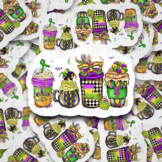 Mardi Gras coffee cup Die cut sticker 3-5 Business Day TAT