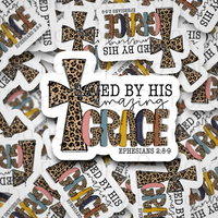 Saved by his amazing grace leopard cross Die cut sticker 3-5 Business Day TAT